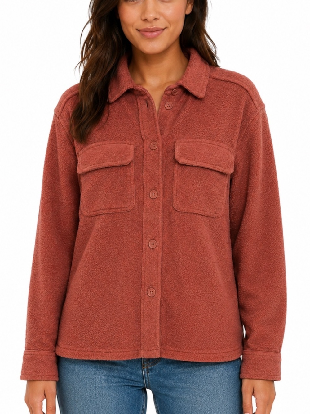Roots Fleece Shacket Button-Up Sweater Size Large Rust Orange Oversized